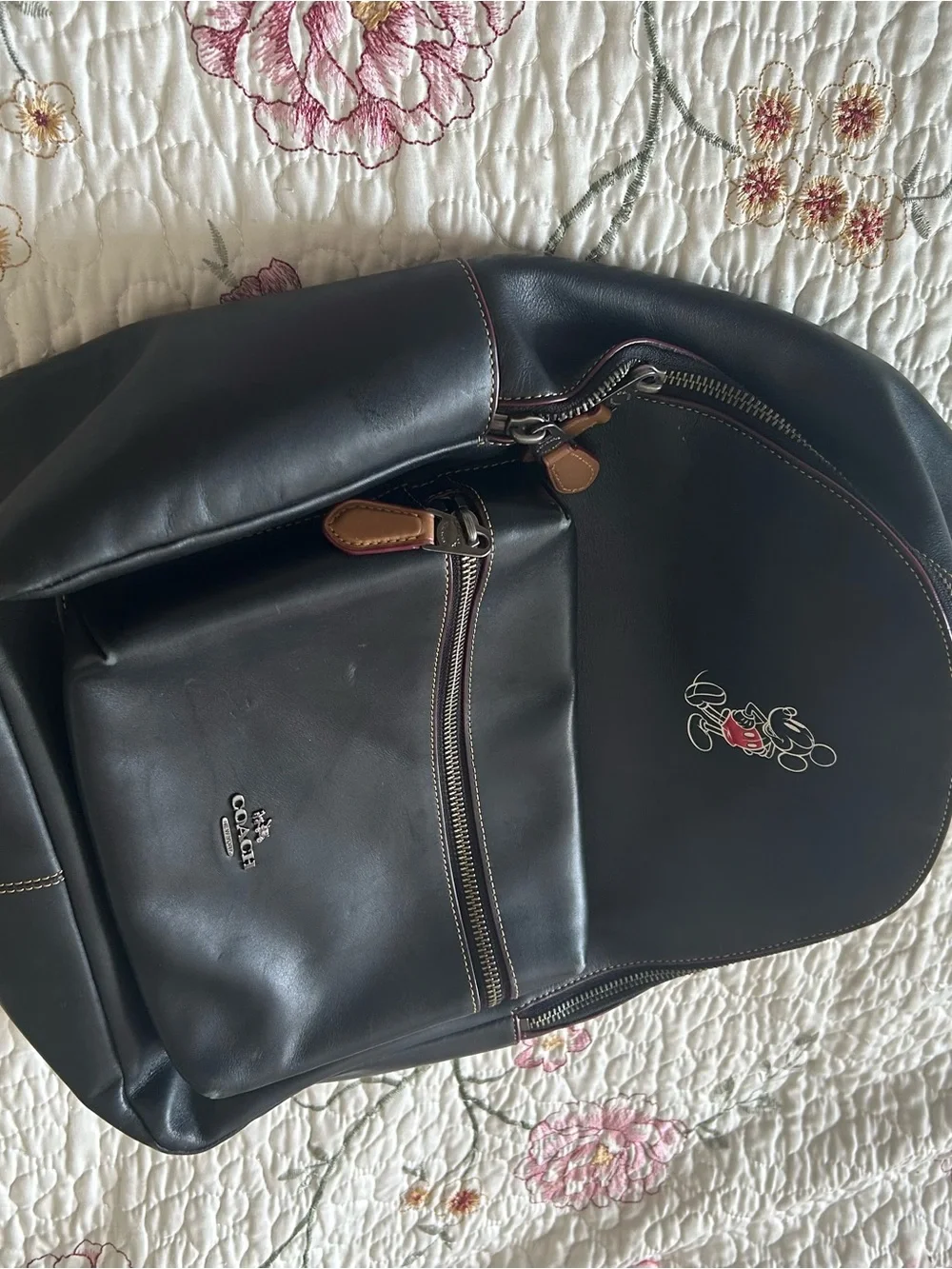 Coach Black Leather Backpack with Mickey Mouse Accent